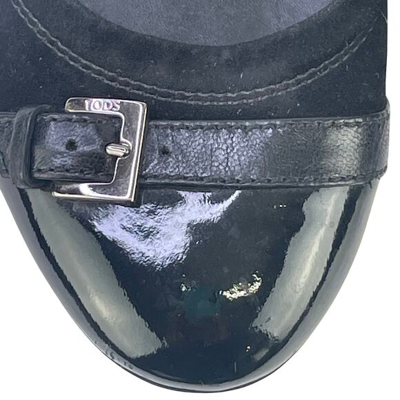Tods Women Black Suede Ballet Flats Patent Leather Cap Toe Buckle Detail Sz 36.5 - Picture 10 of 13